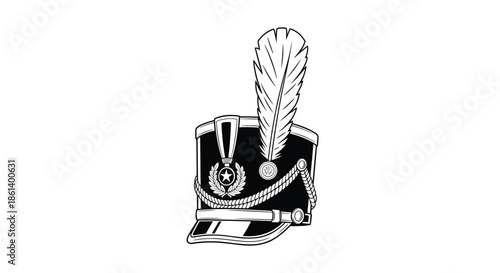 Ornate military shako hat with a tall white feather plume and decorative star emblem is illustrated in a detailed black and white style.