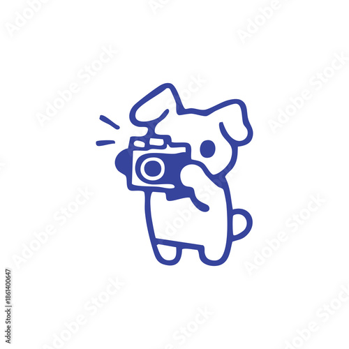 A minimalist blue dog silhouette taking a photo with a camera