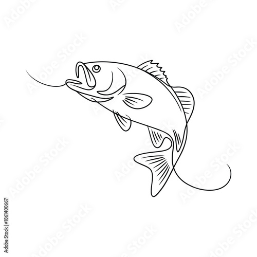 A detailed sketch of a largemouth bass swimming with a fishing line