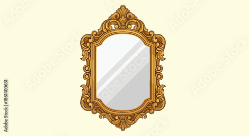 Ornate gold framed mirror with intricate baroque carvings and a reflective glass surface is shown against a pale yellow background vector.