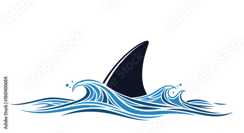 Dark shark fin emerges from stylized blue ocean waves with white sea foam in a bold and dramatic aquatic wildlife vector illustration art.