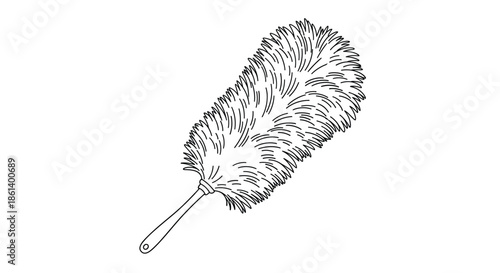 Traditional feather duster with a long handle is depicted in a detailed black and white line art style for cleaning and household graphics.