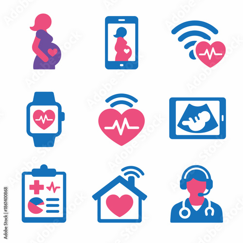 Pregnancy and health technology icons with heart and medical monitoring symbols