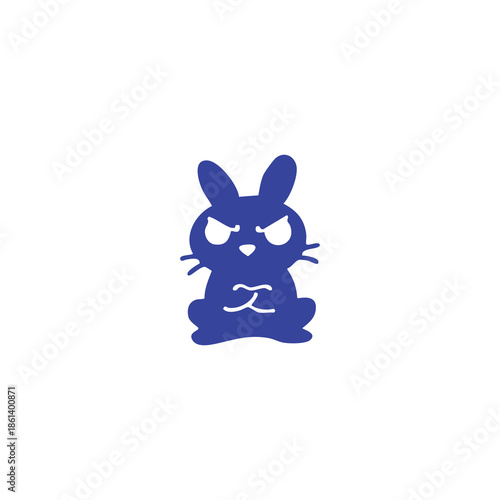 A blue rabbit silhouette with angry eyes and a simple mouth