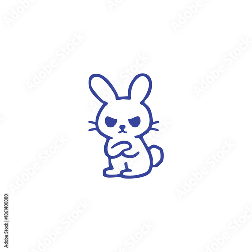 A blue cartoon rabbit with a grumpy expression and crossed arms