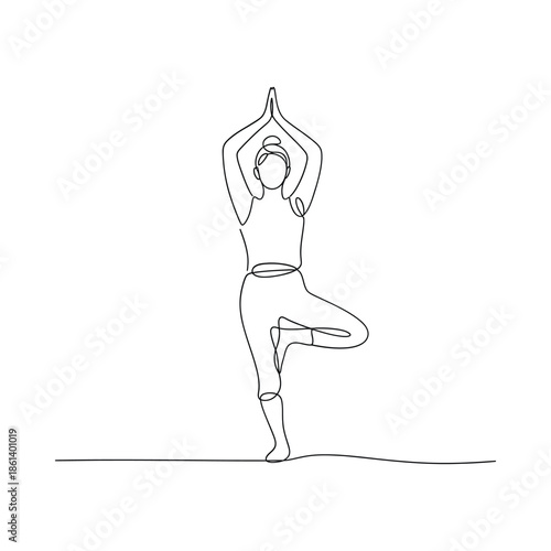 Minimalist line art depicting a woman gracefully performing a tree pose yoga