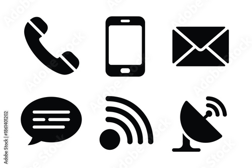 Communication icons depicting phone email messaging and connection technologies