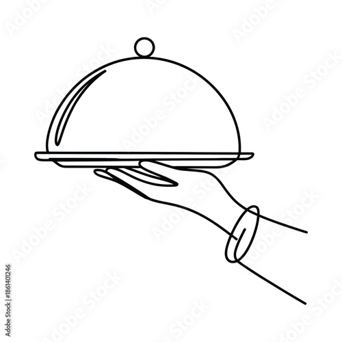 A single line drawing of a hand presenting a covered serving platter
