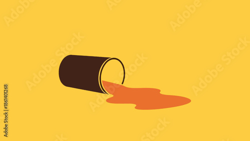 Spilled paint can on yellow background with orange liquid