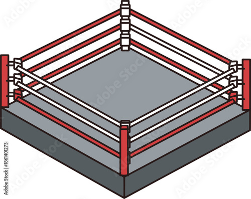 High-quality isometric boxing ring vector with red corner posts and a grey canvas. This professional flat-style graphic is ideal for MMA, wrestling, and combat sports digital branding.