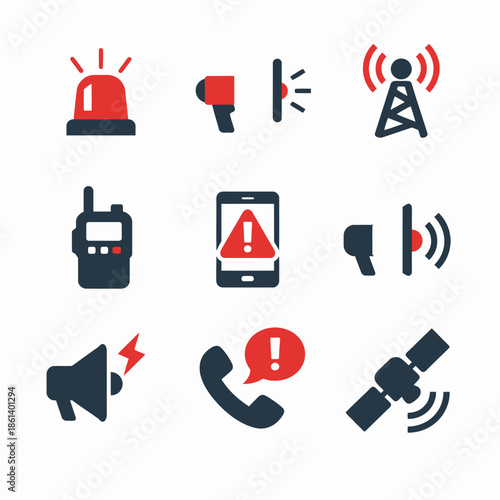 Emergency communication icons: megaphone, alert, phone, satellite signals