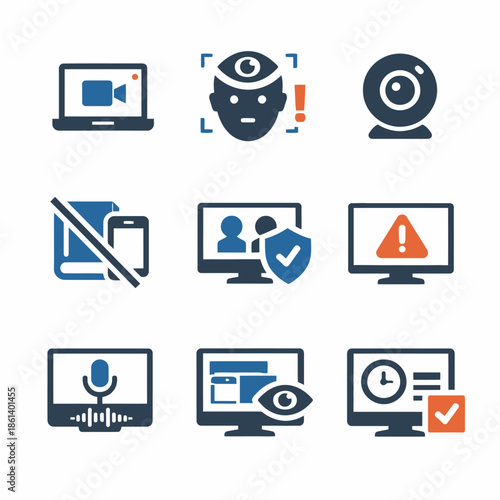 Webcam security icons set: video conferencing and online privacy symbols