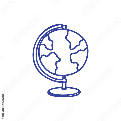 A blue line-drawn globe on a stand, showing landmass outlines