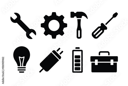 Essential tool icons wrench gears hammer screwdriver lightbulb and more