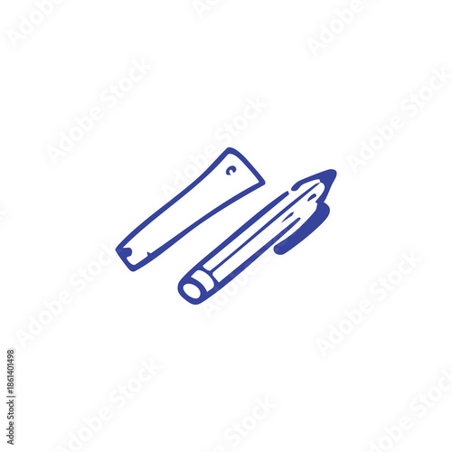 A blue, stylized image of a pen and a nail file against a white background