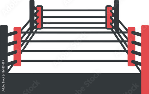 Modern vector illustration of a boxing ring featuring bold red turnbuckles and black ropes. This clean, flat-style sports graphic is perfect for MMA, wrestling, and combat sports branding.