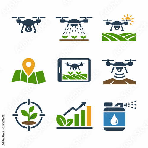 Agricultural drone technology and precision farming icons set