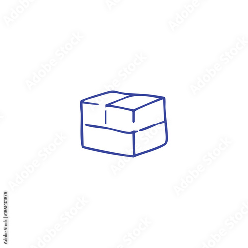 A simple, blue-outlined, hand-drawn sketch of a cardboard box on a white background