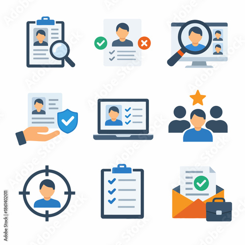 Employee recruitment icons: profiles, evaluation, verification, approval features