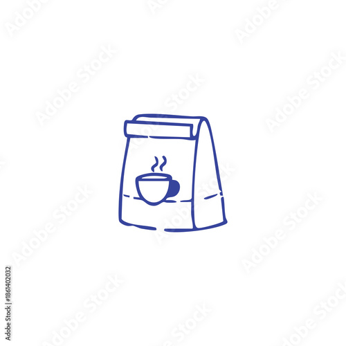 Simple blue outline drawing of a to-go coffee bag with a steaming coffee cup