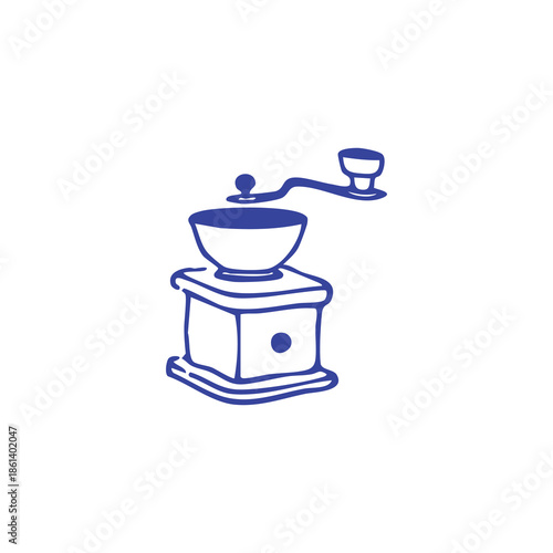 A blue, outlined illustration of a coffee grinder on white background