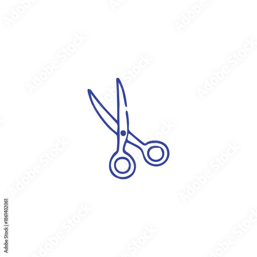 Simple blue outline of scissors, open and angled, on a stark white background