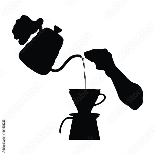 Barista pouring hot coffee from gooseneck kettle into dripper in dynamic hand motion silhouette black on white