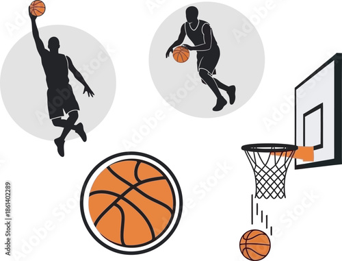 Comprehensive basketball vector collection featuring dynamic player silhouettes in action, hoops with orange backboard accents, and detailed ball icons. Perfect for modern sports branding.