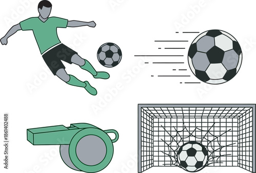 Complete soccer vector set featuring a player kicking a ball, a referee whistle, and a goal net. Perfect flat-style graphics for football coaching, match events, and sports branding.