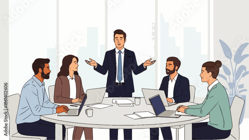 Flat vector illustration depicting a business team collaborating around a conference table with graphs and ideas. Solid colors, no gradients, ideal for business presentations and corporate websites.
