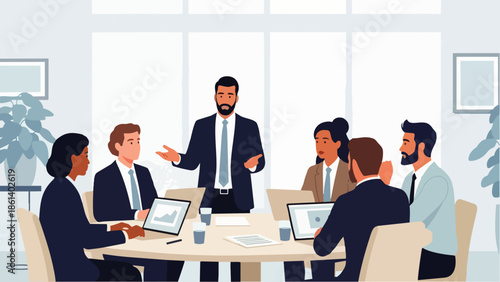 Flat vector illustration depicting a business team collaborating around a conference table with graphs and ideas. Solid colors, no gradients, ideal for business presentations and corporate websites.