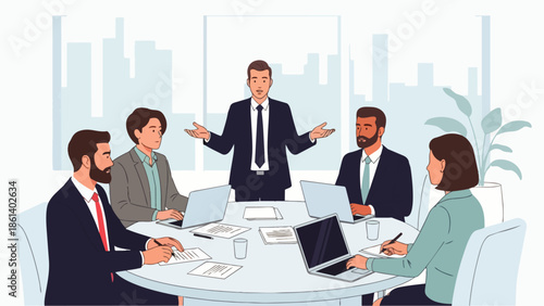Flat vector illustration depicting a business team collaborating around a conference table with graphs and ideas. Solid colors, no gradients, ideal for business presentations and corporate websites.