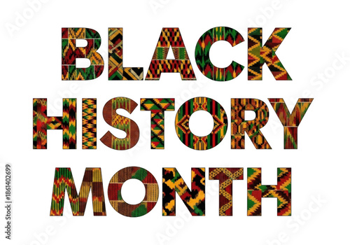 Black History Month text with Kente cloth patterns isolated on transparent background