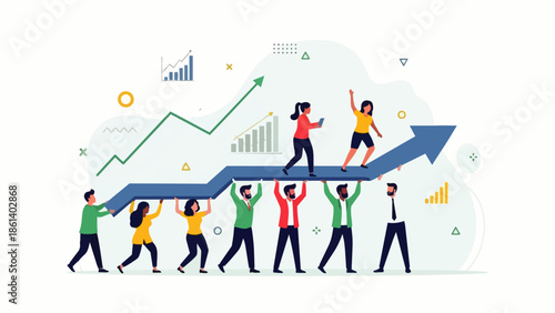 Flat vector Business people holding growth arrows as a symbol of working together, making progress, successful way to advance business