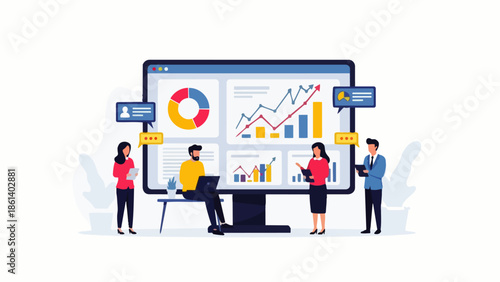 Flat vector illustration depicting business people analyzing charts and graphs on a large screen, discussing data, teamwork, financial reports and strategic planning in a modern office environment.