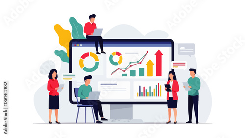 Flat vector illustration depicting business people analyzing charts and graphs on a large screen, discussing data, teamwork, financial reports and strategic planning in a modern office environment.