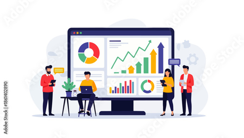 Flat vector illustration depicting business people analyzing charts and graphs on a large screen, discussing data, teamwork, financial reports and strategic planning in a modern office environment.