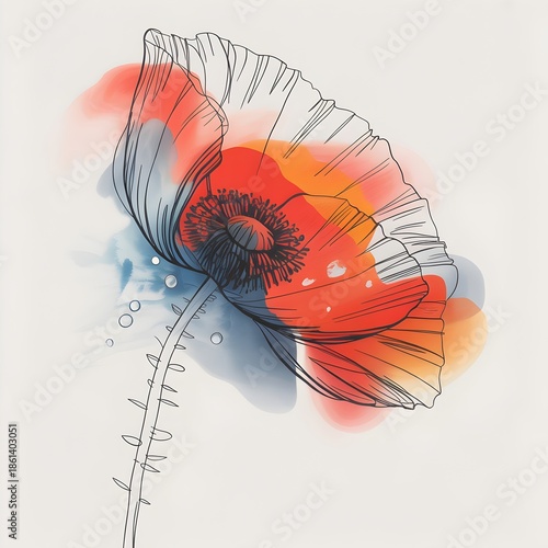 Poppy Floral Art: A vibrant poppy gracefully presented with a combination of delicate lines and watercolor painting. It celebrates the ephemeral nature of beauty.