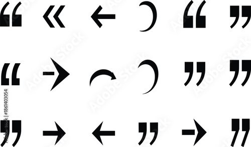 Minimalist black icon set featuring various typographic quotation marks and directional arrows for editorial design and navigation interface