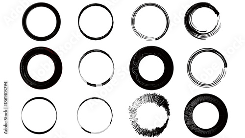 Hand drawn black crayon ovals and circles set. Ellipses in red pencil doodle style. Round freehand shapes, black and white icons