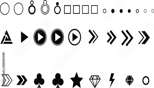 Minimalist geometric icon set featuring black silhouette symbols for play buttons chevrons jewelry rings stars and digital interface elements