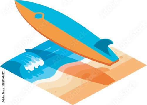 Vibrant isometric orange and blue surfboard illustration. Featuring a sleek design over a breaking wave and sandy beach, it is perfect for summer-themed projects and coastal lifestyle branding.
