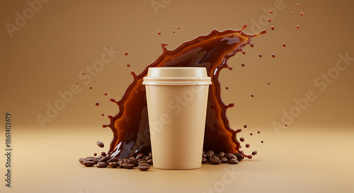 Energetic splash of coffee bursting from a white paper cup, surrounded by scattered coffee beans on a warm beige background — bold, artistic, and dynamic coffee concept