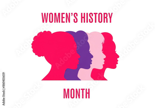 Women's History Month silhouette of diverse women profiles in vibrant colors isolated on transparent background