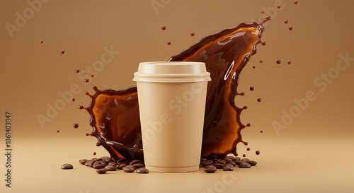 Dramatic splash of coffee erupting behind a white takeaway cup, with scattered beans on a warm beige background — bold, artistic, and energetic coffee concept for advertising or branding