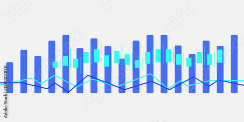 Abstract Financial Stock Market Chart with Blue Bar Graphs and Candlestick Indicators on White Background