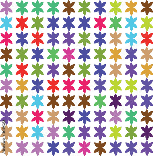A seamless pattern of colorful star-shaped flowers on a white background, ideal for digital design and textiles