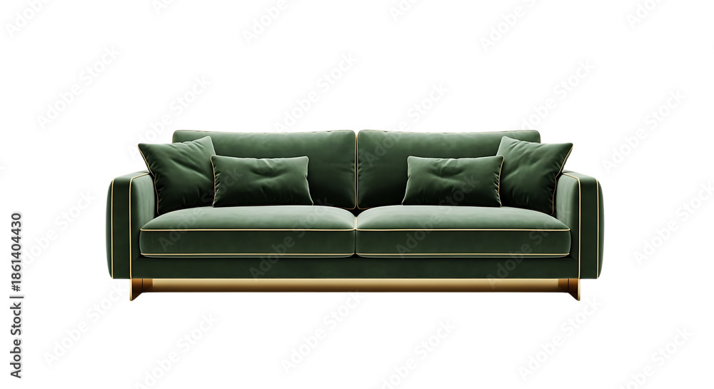Fototapeta premium Modern green velvet sofa with decorative pillows