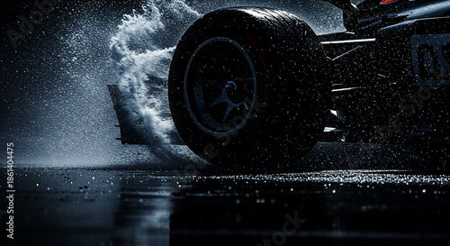Dramatic close-up of a racing car tire splashing through water on a wet track at night — high-speed, intense, and cinematic motorsport action