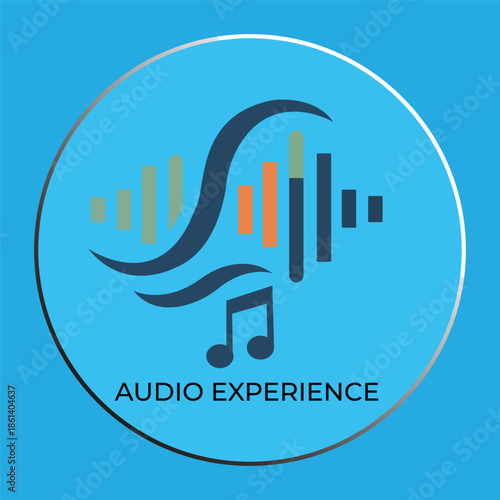 Modern Audio Experience Logo Design with Sound Waves and Music Note on Blue Circular Background
